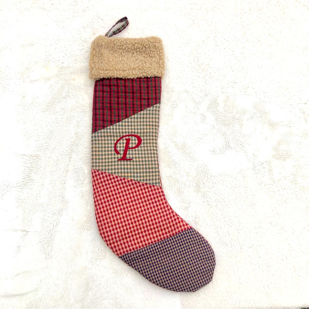 Christmas Stocking Gingham Patchwork Monogram Red Initial P